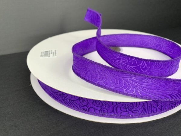 Purple Flower Embossed Wired Ribbon - 7/8 Inch x 50 Yards