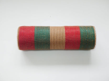 RED NATURAL GREEN Stripes Deco Mesh - Holiday Fabric Deco Mesh - ( 10 Inch x 10 Yards ) BBCrafts.com