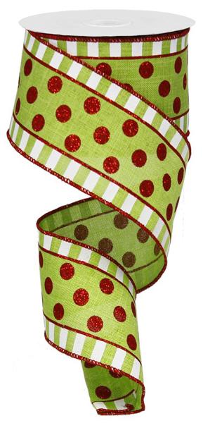 Lime/Red/White - Glitter Stripes And Dots Wired Edge Ribbon - 2.5 Inch x 10 Yards