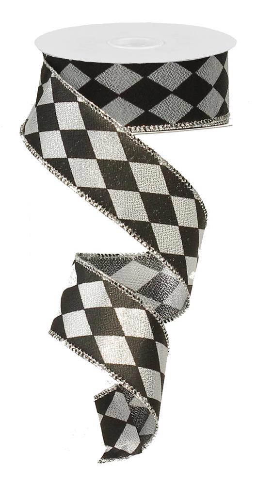 Pre-Order Now & Ship on Dec 20th - Silver/Black Harlequin Metallic Wired Edge Ribbon - 1-1/2 Inch x 10 Yards