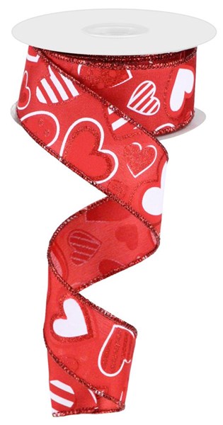 Pre-Order Now & Ship on Dec 23rd - Red/White - Patterned Hearts Wired Edge Ribbon - ( 1-1/2 Inch | 10 Yards )