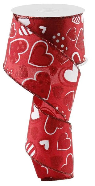 Pre-Order Now & Ship on Dec 23rd - Red/White - Patterned Hearts Wired Edge Ribbon - ( 2-1/2 Inch | 10 Yards )