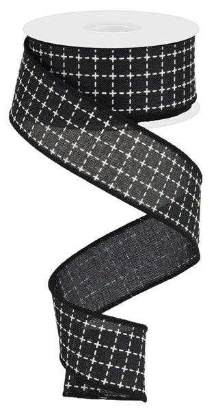 Black/White - Raised Stitched Squares/Royal Ribbon - 1.5 Inch x 10 Yards