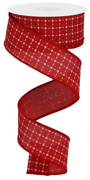 Red/White - Raised Stitched Squares/Royal Ribbon - 1.5 Inch x 10 Yards