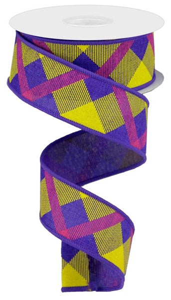 Purple/Yellow/Hot Pink - Printed Plaid On Royal Wired Ribbon - 1-1/2 Inch x 10 Yards