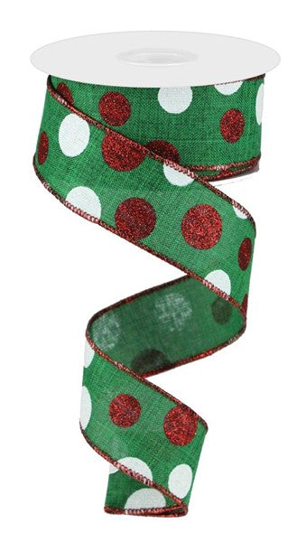 Emerald Green/Red/White - Three Sized Glitter Dot/Royal Wired Edge Ribbon - 1.5 Inch x 10 Yards