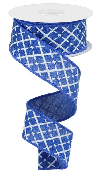 Royal Blue/White/Silver - Glittered Argyle On Royal Ribbon - 1.5 Inch x 10 Yards