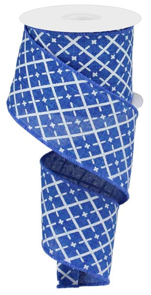 Royal Blue/White/Silver - Glittered Argyle On Royal Ribbon - 2.5 Inch x 10 Yards