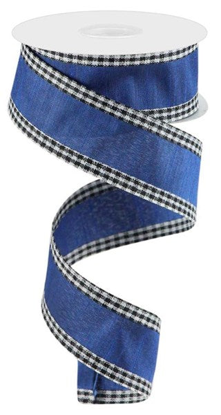 Blue/Black/White Dupioni Gingham Edge Ribbon - 1-1/2 Inch x 10 Yards