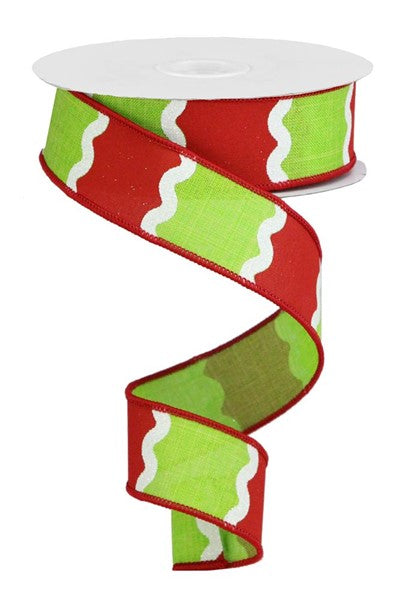 Lime/Red/White - Wavy Stripes On Royal Ribbon - 1.5 Inch x 10 Yards