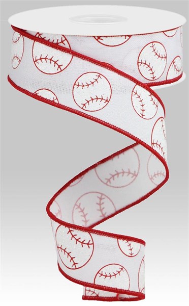 White/Red - Glitter Baseball On Royal Ribbon - 1.5 Inch x 10 Yards