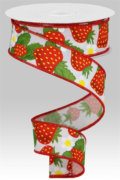 White/Yellow/Red/Green - Strawberries Faux Royal Ribbon - 1.5 Inch x 10 Yards