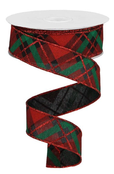 Black/Red/Emerald - Glitter Plaid On Royal Ribbon - 1.5 Inch x 10 Yards