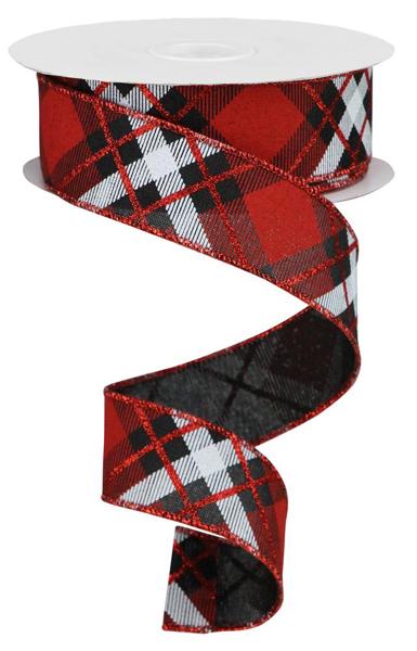 Black/Red/White - Glitter Plaid On Royal Ribbon - 1.5 Inch x 10 Yards