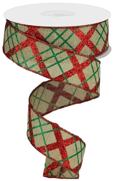 Light Beige/Red/Emerald - Glitter Diagonal Plaid/Royal Ribbon - 1.5 Inch x 10 Yards