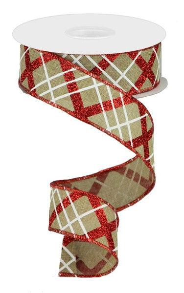 Light Beige/Red/White - Glitter Diagonal Plaid/Royal Ribbon - 1.5 Inch x 10 Yards