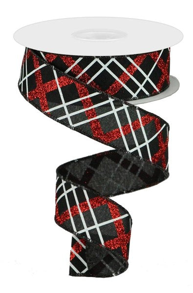 Black/Red/White - Glitter Diagonal Plaid/Royal Ribbon - 1.5 Inch x 10 Yards