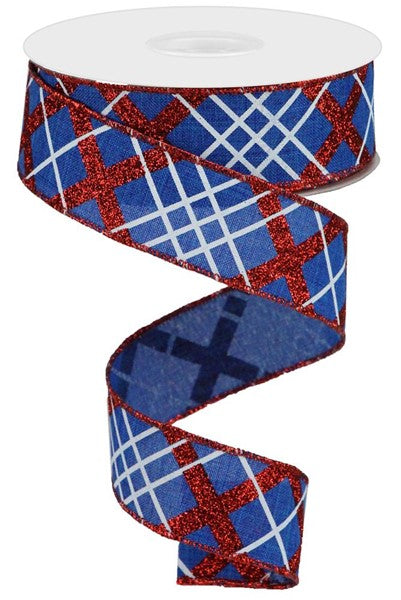 Royal Blue/Red/White - Glitter Diagonal Plaid Royal Ribbon - 1.5 Inch x 10 Yards