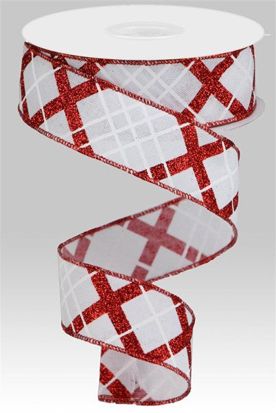 White/Red/White - Glitter Diagonal Plaid/Royal Ribbon - 1.5 Inch x 10 Yards