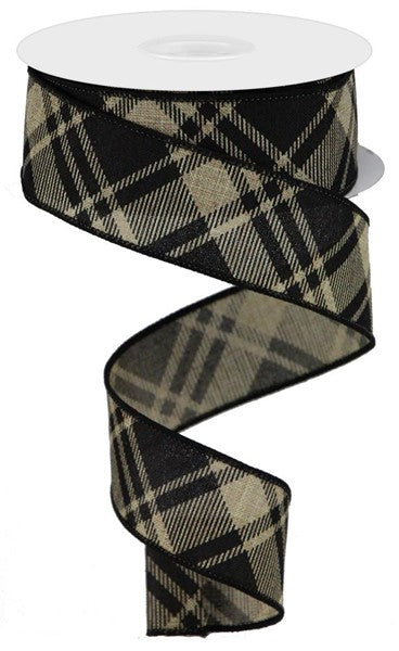 Beige/Black - Diagonal Stripe/Check On Royal Ribbon - 1.5 Inch x 10 Yards