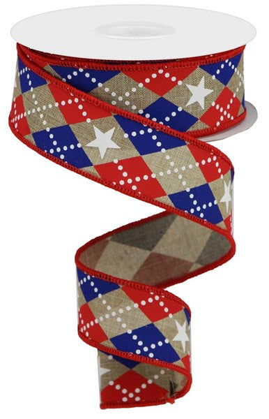 Light Beige/Red/White/Blue - Argyle Stars On Royal Ribbon - 1.5 Inch x 10 Yards