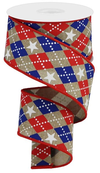 Light Beige/Red/White/Blue - Argyle Stars On Royal Ribbon - 2.5 Inch x 10 Yards