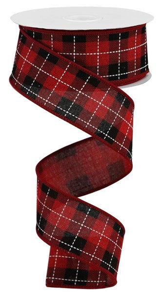 Red/Black/White - Printed Woven Check On Royal Ribbon - 1.5 Inch x 10 Yards