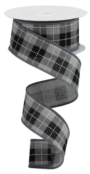 Light Grey/Black/White - Printed Woven Check On Royal Ribbon - 1.5 Inch x 10 Yards