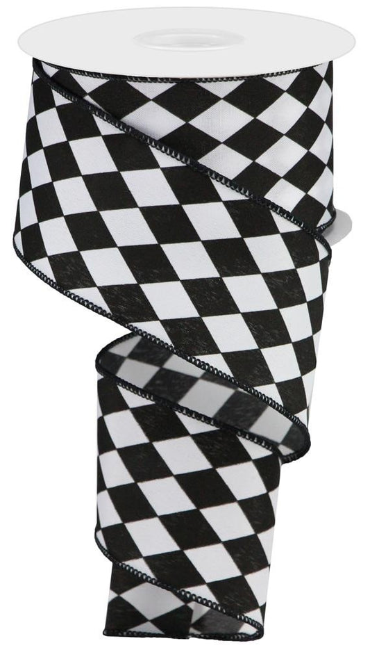 Pre-Order Now & Ship on Dec 20th - Black White Harlequin Wired Edge Ribbon - 2-1/2 Inch x 10 Yards