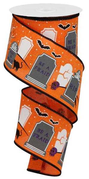 Orange/Grey/Black - Graveyard On Royal Wired Ribbon - 2-1/2 Inch x 10 Yards