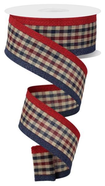 Navy Blue/Burgundy/Beige - Gingham/Royal Ribbon - 1-1/2 Inch x 10 Yards