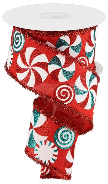 Red/White/Turquoise - Bold Peppermint/Tinsel Ribbon - 2.5 Inch x 10 Yards