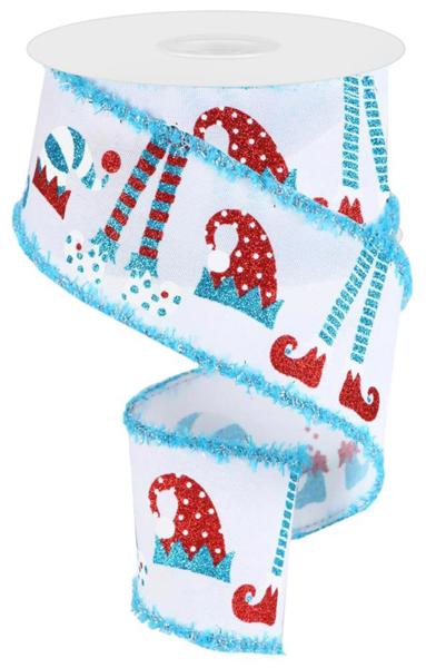 White/Red/Turquoise - Elf Hat/Legs/Fuzzy Met Ribbon - 2.5 Inch x 10 Yards