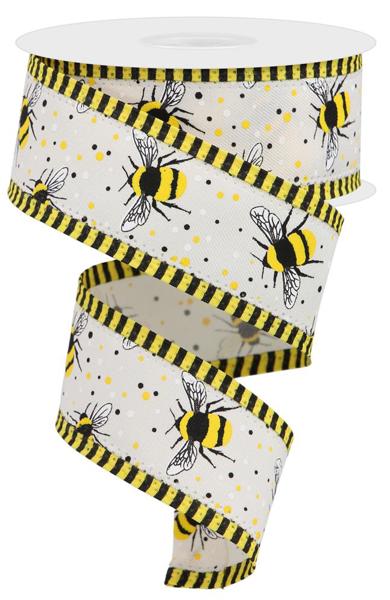 Ivory/Yellow/White/Black - Bumble Bee Diag Stripe Ribbon - 1.5 Inch x 10 Yards