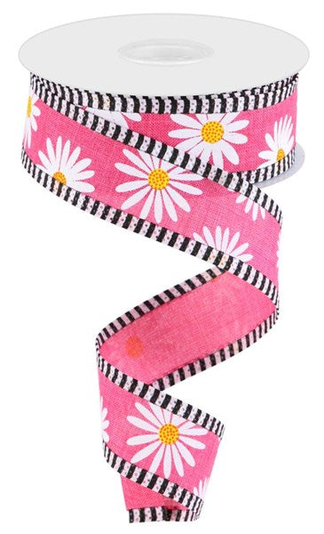 Hot Pink/White/Yellow/Orange - Daisy On Royal Stripe Ribbon - 1.5 Inch x 10 Yards