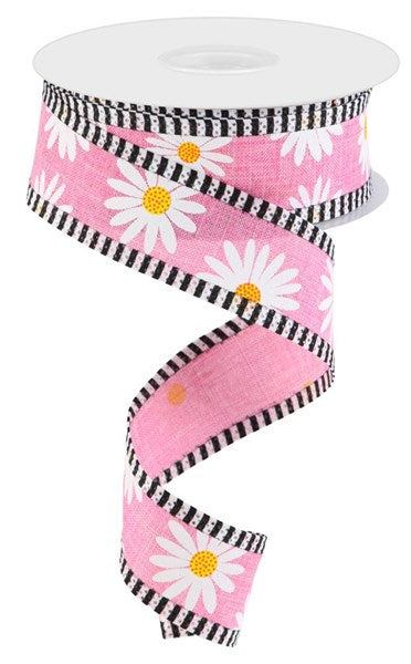 Pink/White/Yellow/Orange - Daisy On Royal Stripe Ribbon - 1.5 Inch x 10 Yards