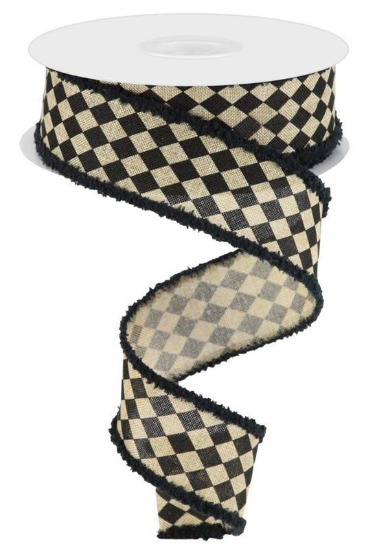 Pre-Order Now & Ship on Dec 20th - Light Beige/Black Small Harlequin with Drift Wired Edge Ribbon - 1-1/2 Inch x 10 Yards