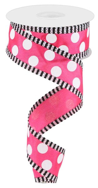 Hot Pink/White - Large Polka Dot Stripe Ribbon - 1.5 Inch x 10 Yards