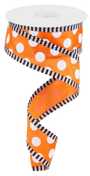 Orange/White - Large Polka Dot Stripe Ribbon - 1.5 Inch x 10 Yards