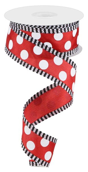 Red Ribbon w/ White Large Polka Dot/Stripes - 1-1/2 Inch x 10 Yards