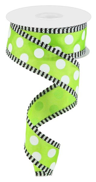 Lime/White - Large Polka Dot/Stripe Ribbon - 1-1/2 Inch x 10 Yards