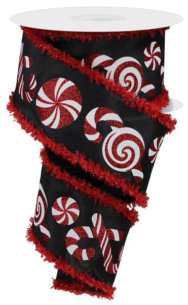 Black/White/Red - Candy Cane/Mint/Drift/Tinsel Ribbon - 2.5 Inch x 10 Yards