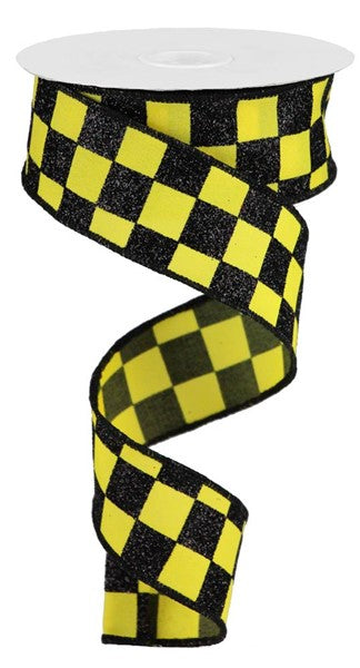 1-1/2 Inch x 10 Yards Yellow/Black Glitter Check Ribbon