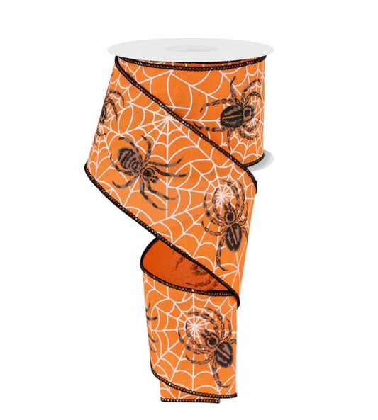 Orange/Black/White/Grey - Spider Web/Spider On Pongee Fabric Wired Ribbon - 2-1/2 Inch x 10 Yards