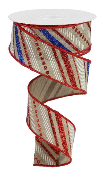 Light Beige/Red/Blue/White - Multi Diagonal Stripes/Royal Ribbon - 1.5 Inch x 10 Yards