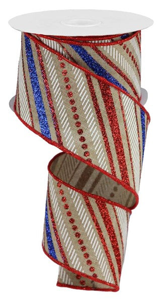 Light Beige/Red/Blue/White - Multi Diagonal Stripes/Royal Ribbon - 2.5 Inch x 10 Yards