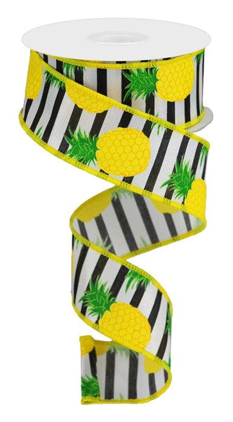 1-1/2 in x 10 yd White & Black Stripe Ribbon w/ Pineapple