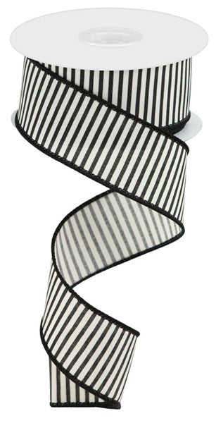 Cream/Black - Horizontal Thin Stripes On Pongee Ribbon - 1-1/2 Inch x 10 Yards