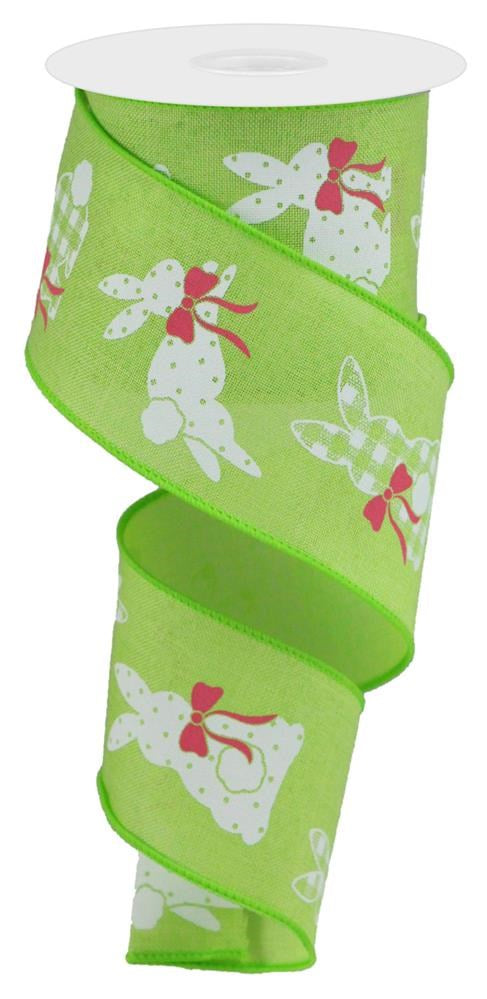 Bright Green/White/Pink - Patterned Bunnies On Royal Wired Ribbon - 2.5 Inch x 10 Yards