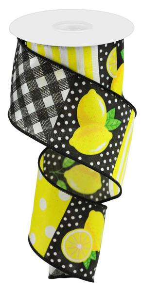 Yellow Satin Ribbon with White/Black & Lemon - 2-1/2 Inch x 10 Yards